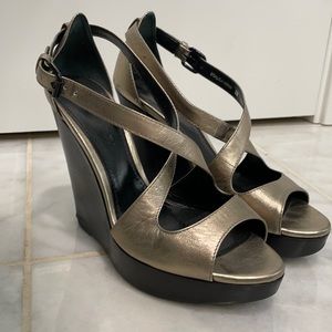 Pewter/Goldish Burberry Wood Wedge Sandals, Size 39